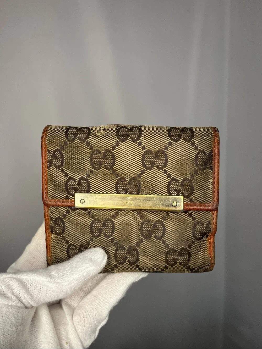 Gucci GG Canvas Bifold Wallet - Brown with Tan Trim & Gold Plate